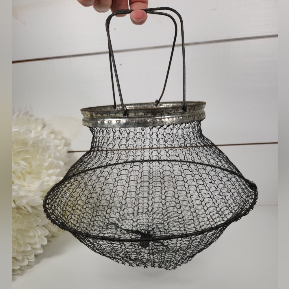 Vintage Italian Style Collapsible Wire Mesh Strainer Basket- Hanging Egg Basket